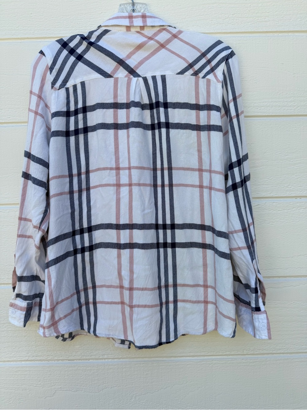 Plaid Button-Front Woman’s Shirt -  White & Pink & Navy Stripe. - Picture 5 of 9
